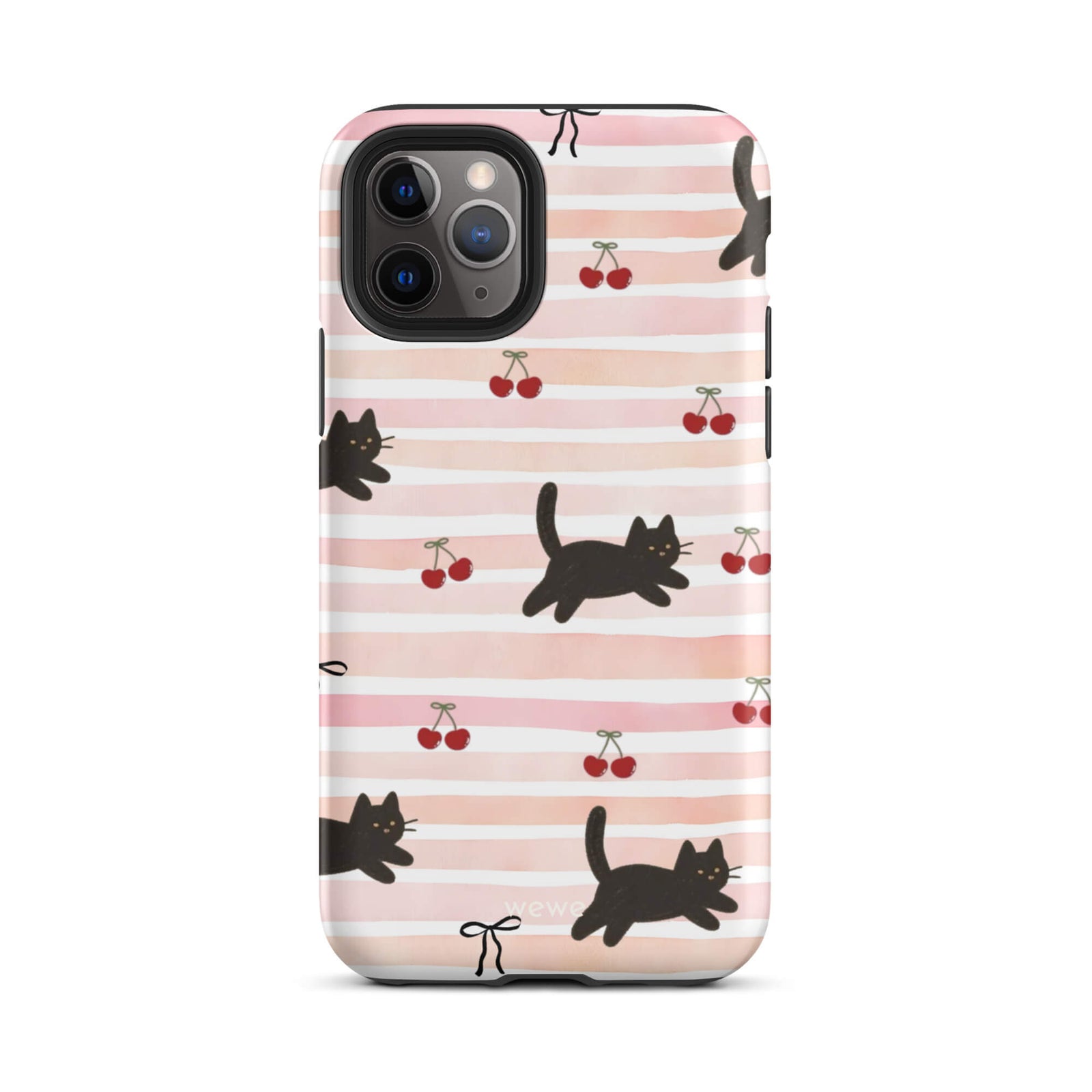 Custom iPhone case 11 pro with a cute pattern of black cats, cherries, and ribbon bows on a pink and white striped background.