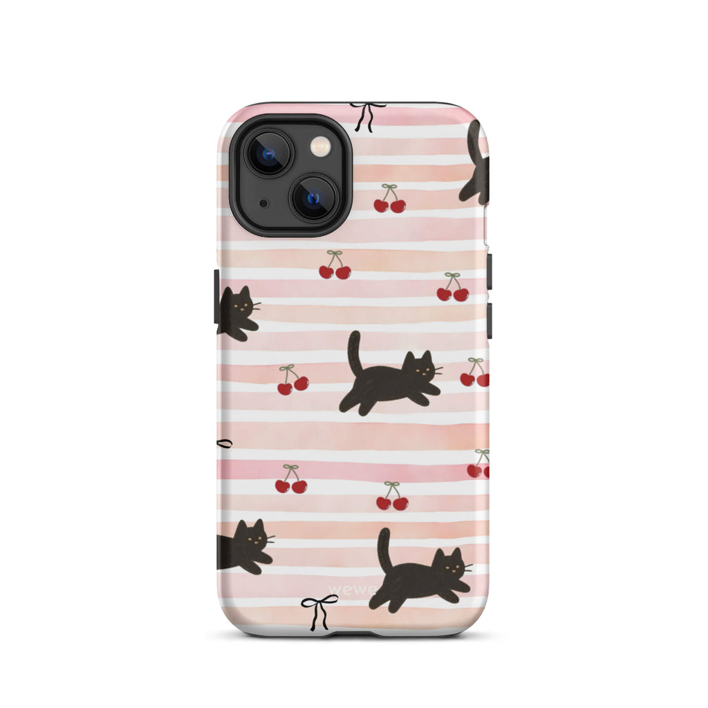 Custom iPhone case 13 with a cute pattern of black cats, cherries, and ribbon bows on a pink and white striped background.
