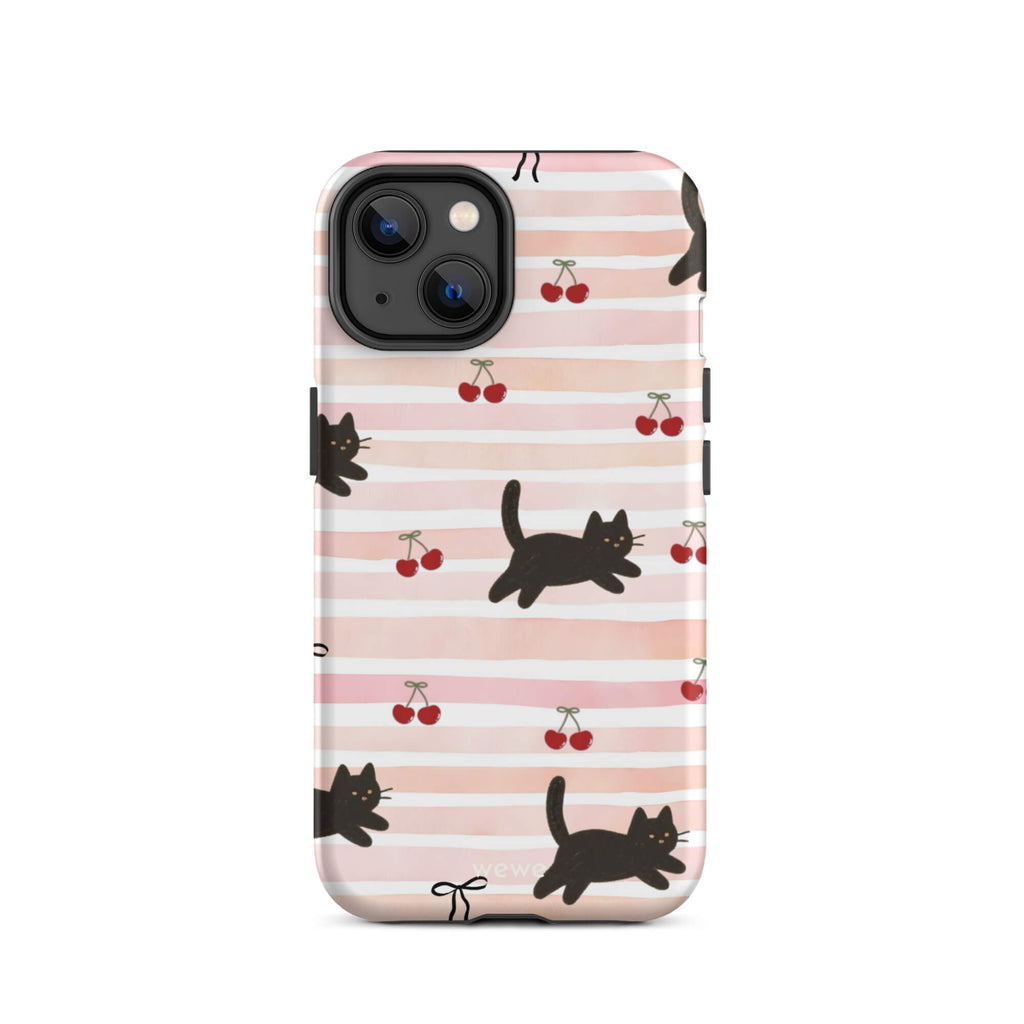 Custom iPhone case 14 with a cute pattern of black cats, cherries, and ribbon bows on a pink and white striped background.