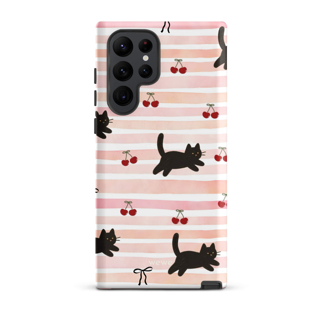 Custom samsung galaxy s22 ultra Phone case with a cute pattern of black cats, cherries, and ribbon bows on a pink and white striped background.