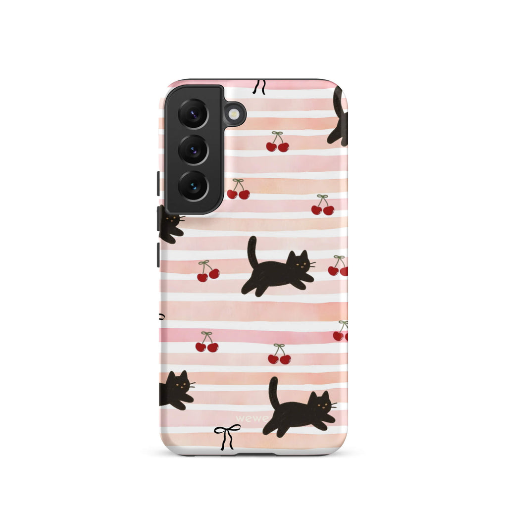 Custom samsung galaxy s22 Phone case with a cute pattern of black cats, cherries, and ribbon bows on a pink and white striped background.