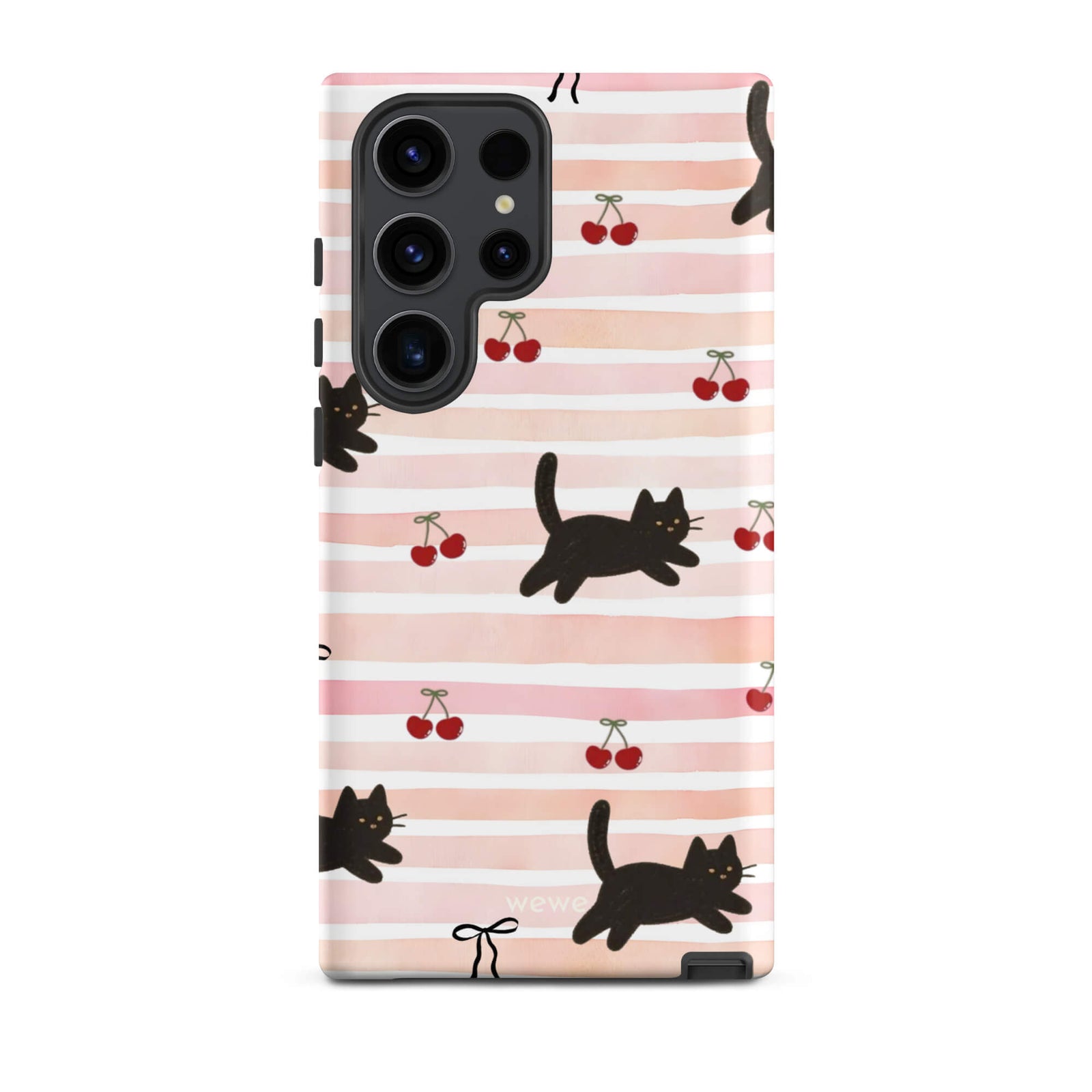 Custom samsung galaxy s23 ultra Phone case with a cute pattern of black cats, cherries, and ribbon bows on a pink and white striped background.