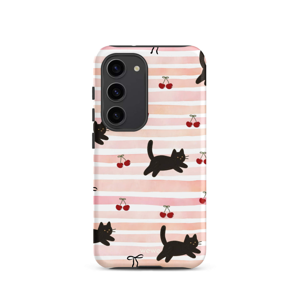 Custom samsung galaxy s23 Phone case with a cute pattern of black cats, cherries, and ribbon bows on a pink and white striped background.