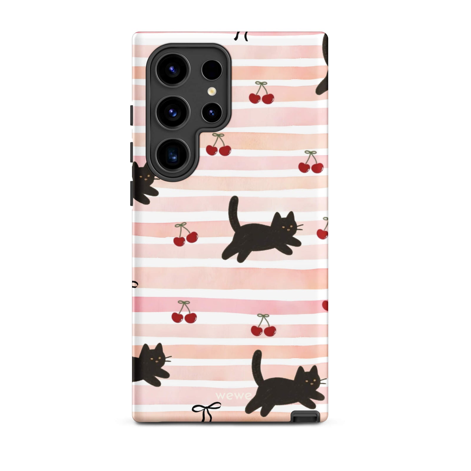 Custom samsung galaxy s24 ultra Phone case with a cute pattern of black cats, cherries, and ribbon bows on a pink and white striped background.