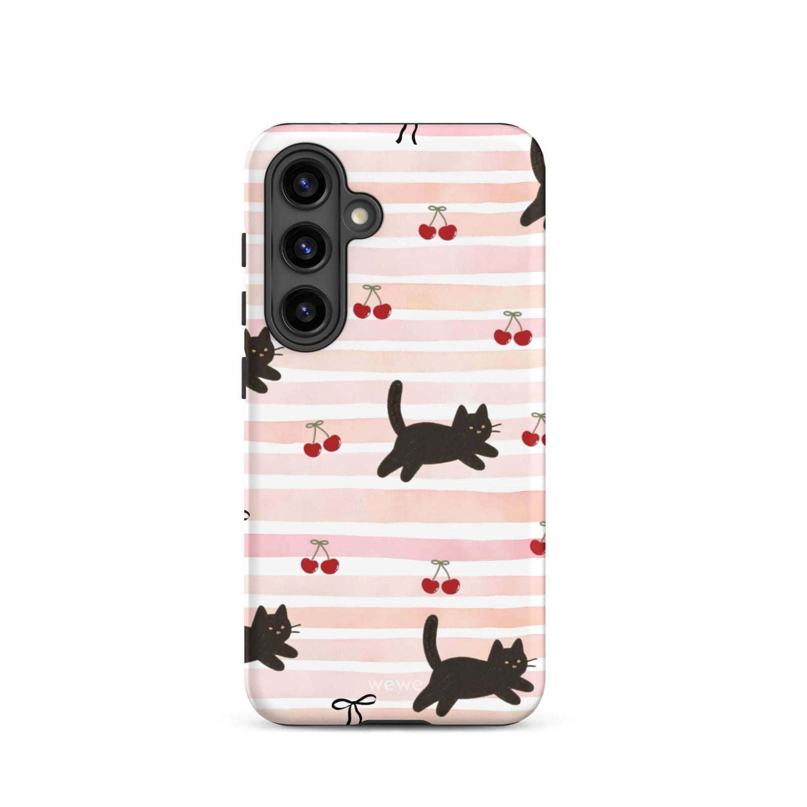 Custom samsung galaxy s24 Phone case with a cute pattern of black cats, cherries, and ribbon bows on a pink and white striped background.