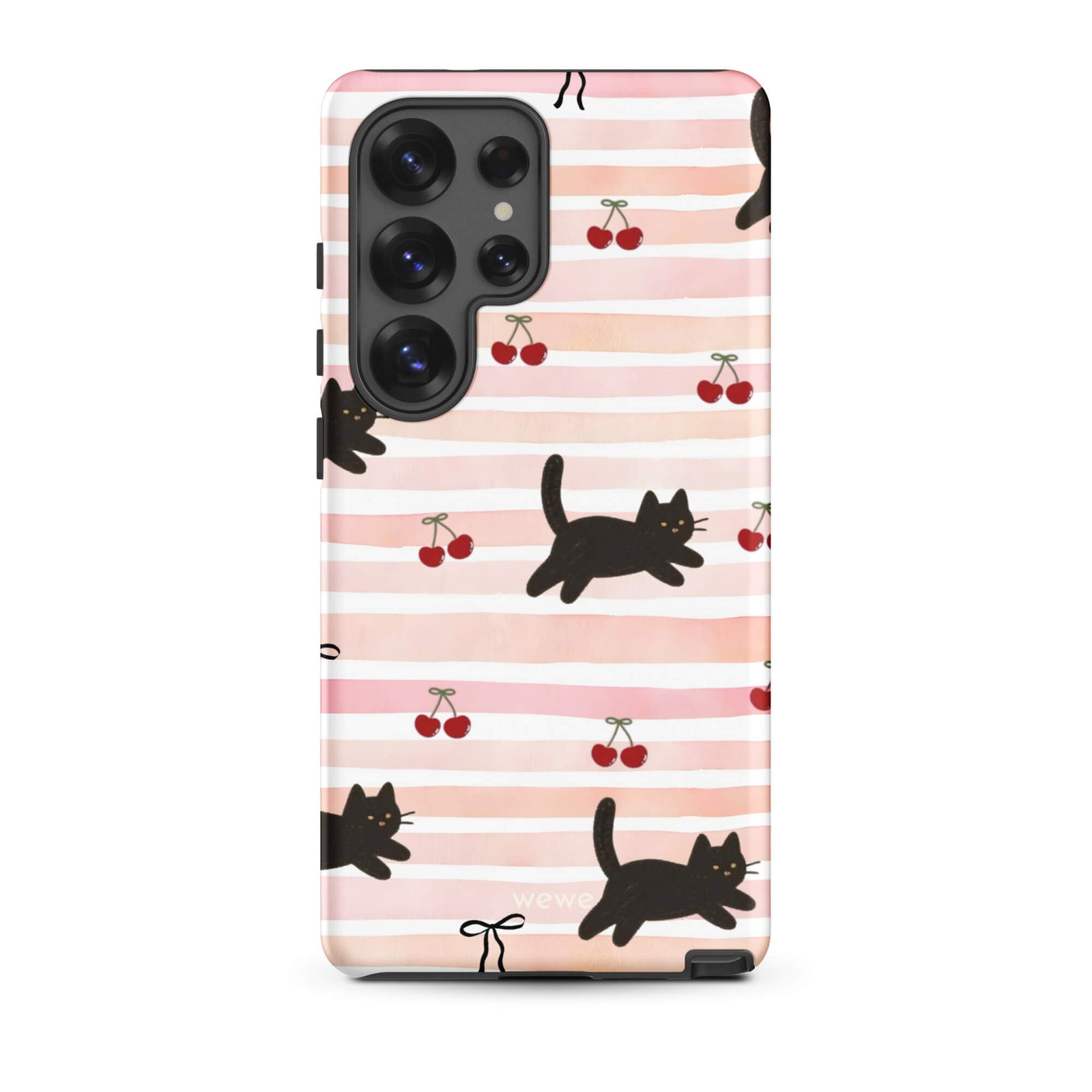 Custom samsung galaxy s25 ultra Phone case with a cute pattern of black cats, cherries, and ribbon bows on a pink and white striped background.