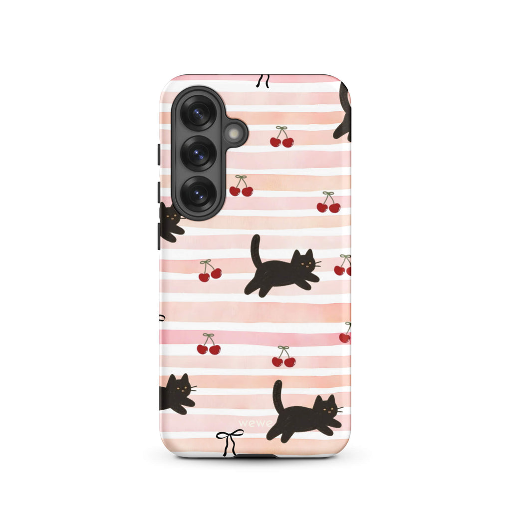 Custom samsung galaxy s25 Phone case with a cute pattern of black cats, cherries, and ribbon bows on a pink and white striped background.