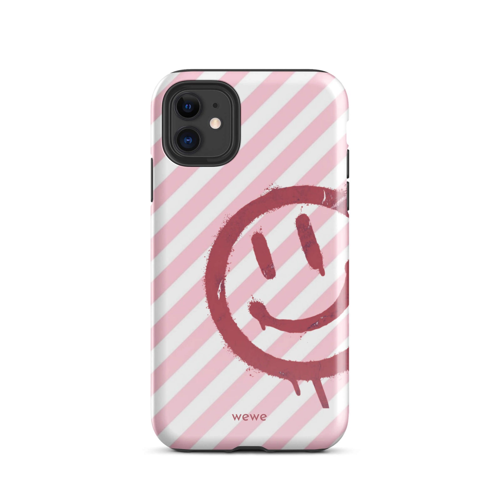 Custom iPhone case 11 with a pink and white diagonal stripe background and a red spray paint graffiti smiley face.