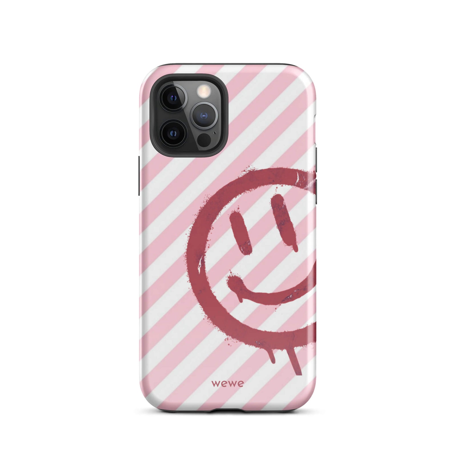 Custom iPhone case 12 pro with a pink and white diagonal stripe background and a red spray paint graffiti smiley face.