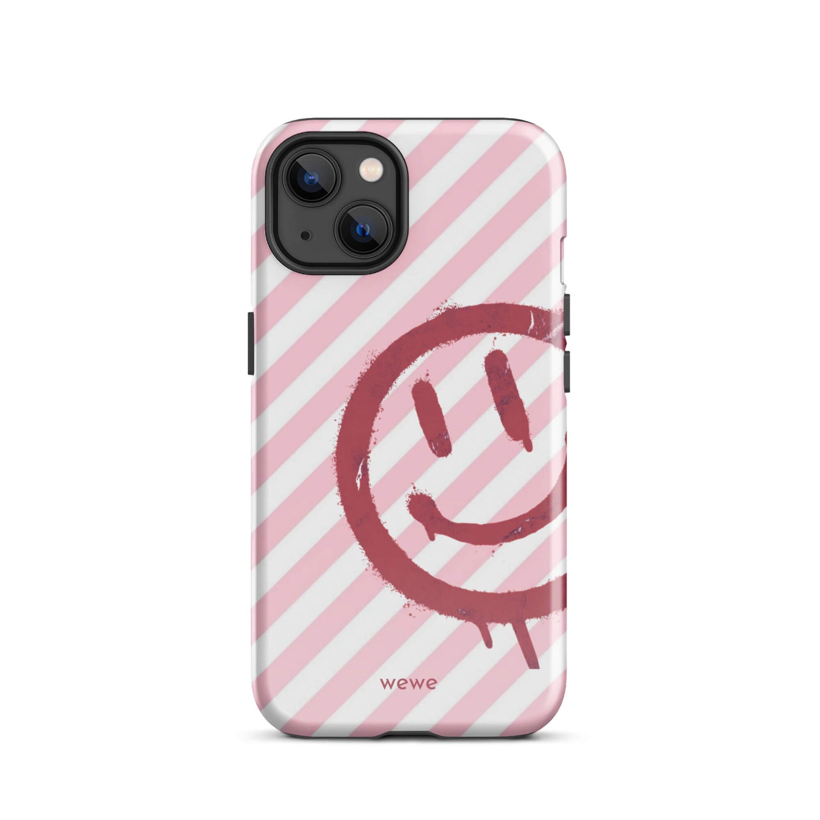 Custom iPhone case 13 with a pink and white diagonal stripe background and a red spray paint graffiti smiley face.