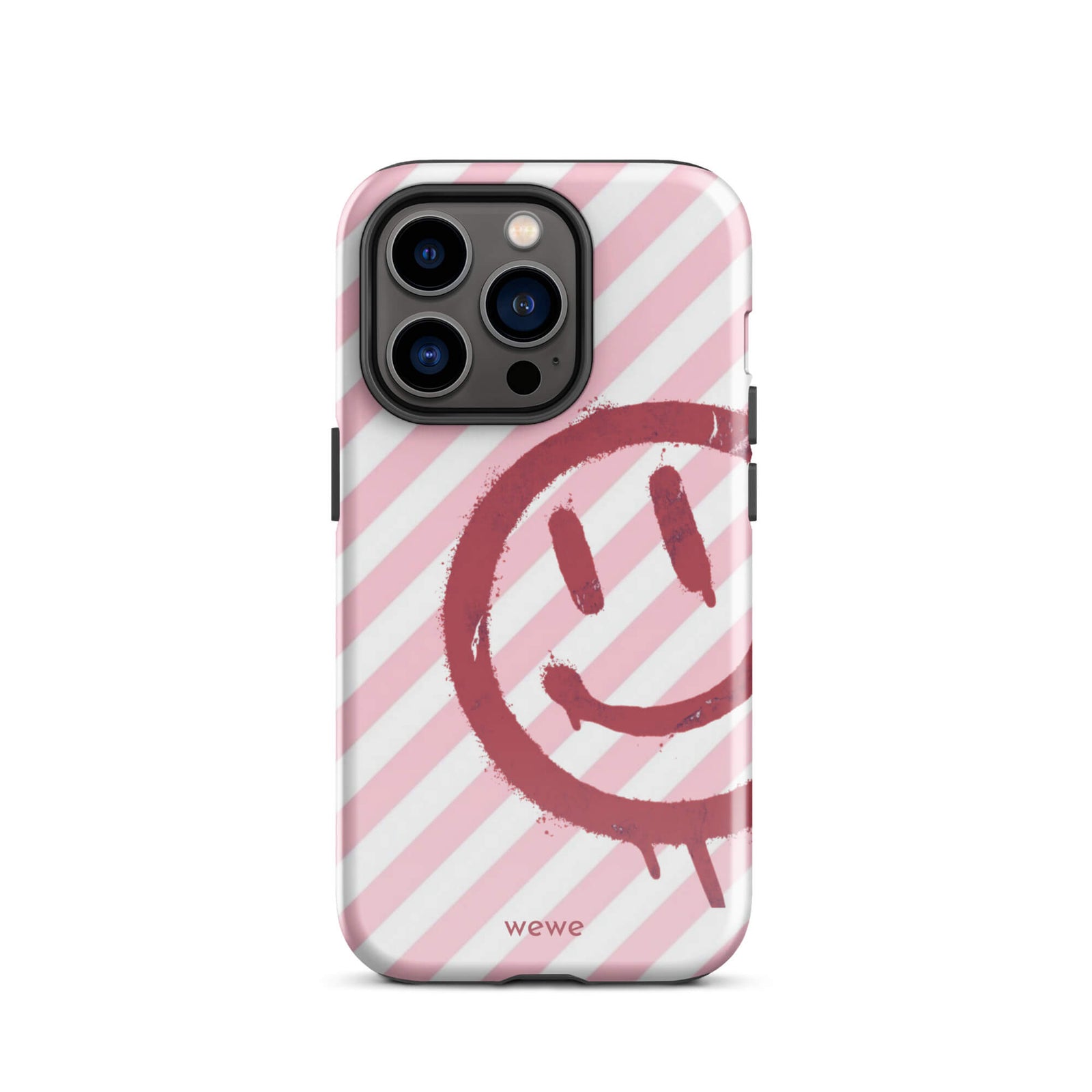 Custom iPhone case 14 pro with a pink and white diagonal stripe background and a red spray paint graffiti smiley face.