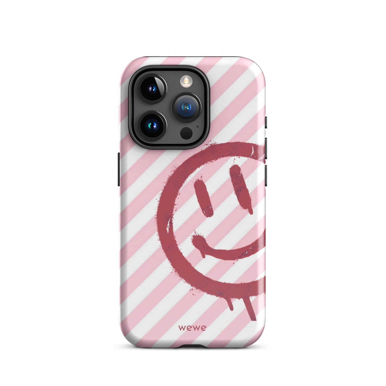Custom iPhone case 15 pro with a pink and white diagonal stripe background and a red spray paint graffiti smiley face.