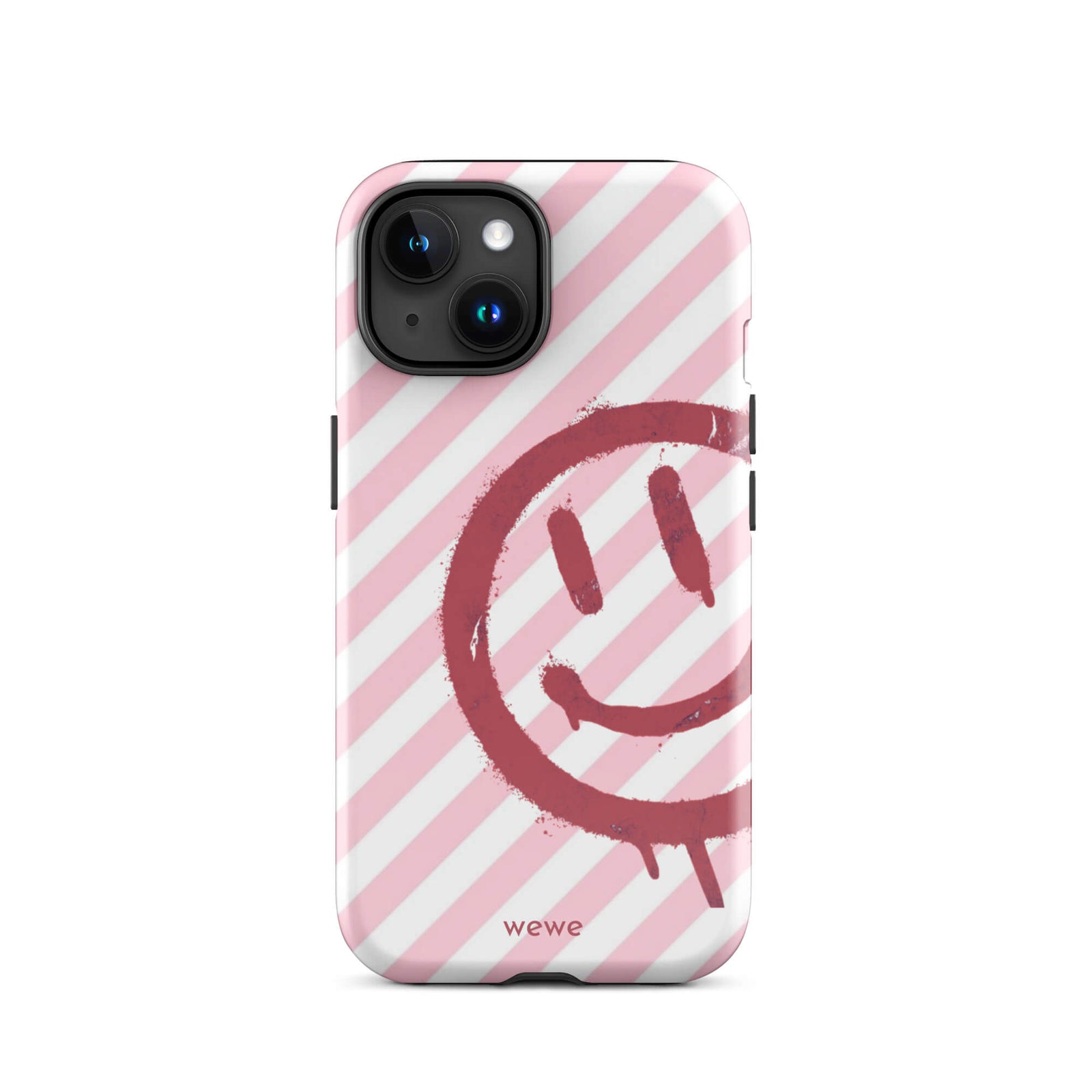 Custom iPhone case 15 with a pink and white diagonal stripe background and a red spray paint graffiti smiley face.