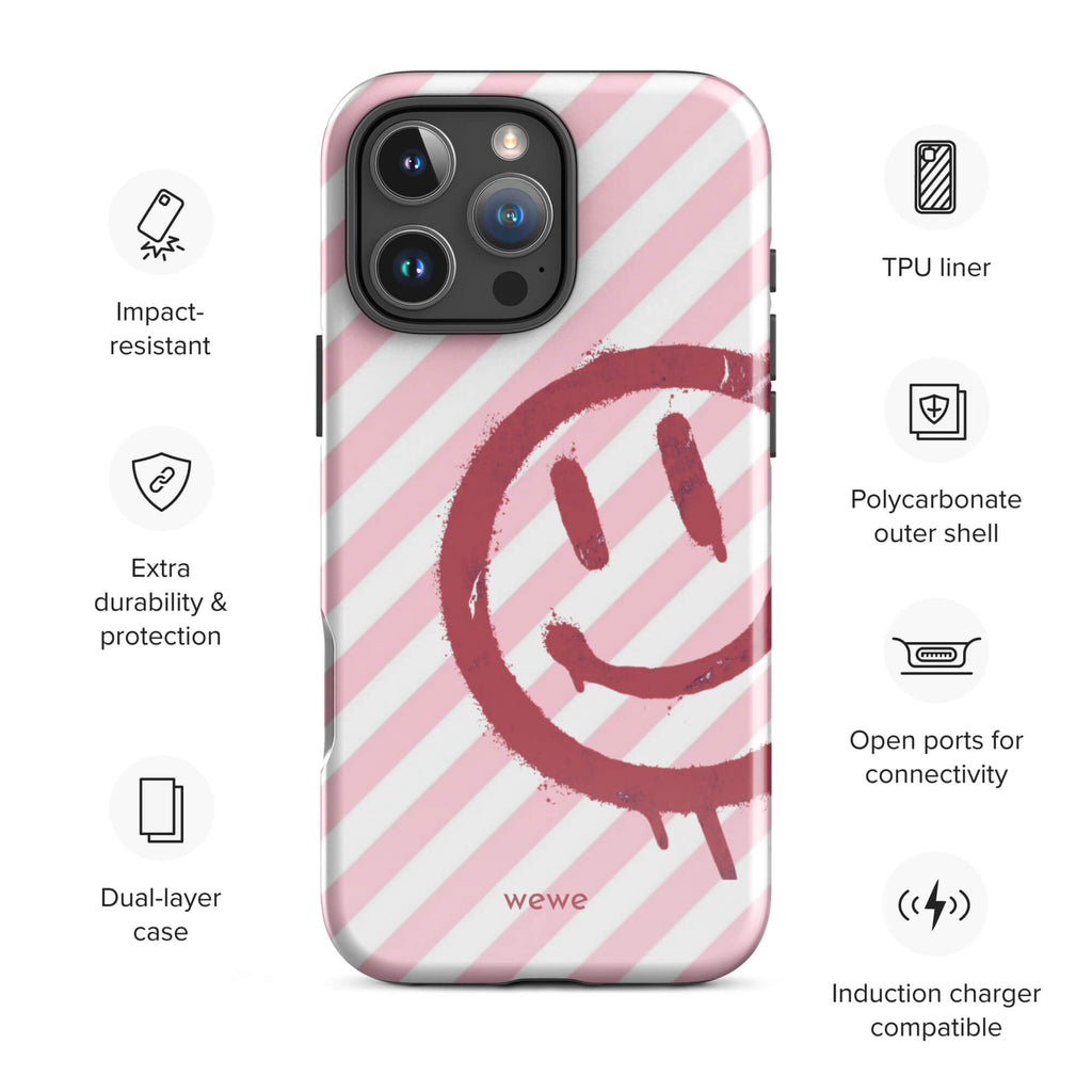 Custom pink smiley face iphone case 16 pro max wireless charging compatible.