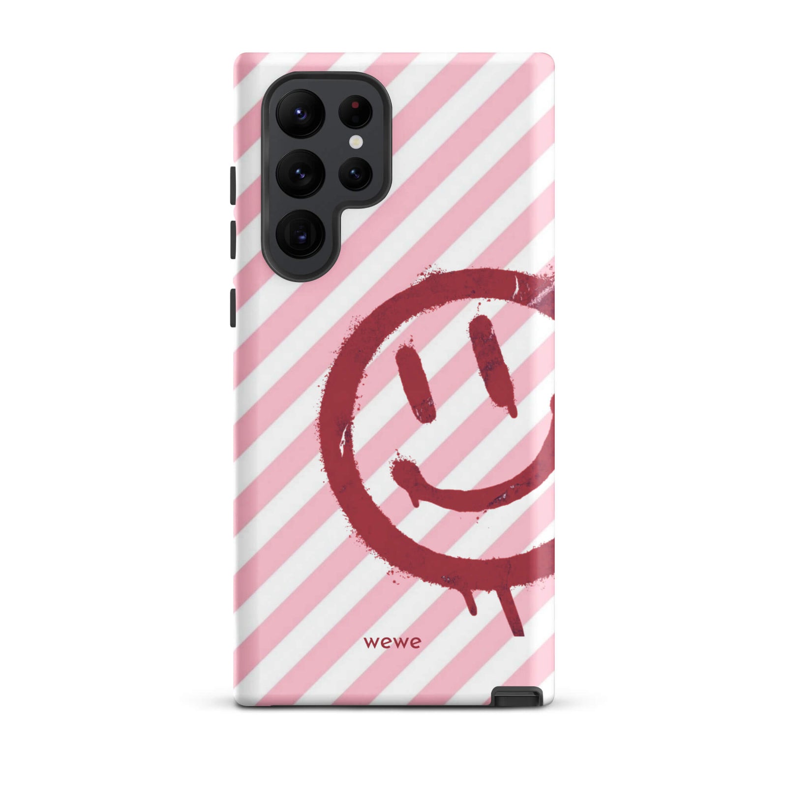 Custom samsung galaxy s22 ultra  Phone case with a pink and white diagonal stripe background and a red spray paint graffiti smiley face.