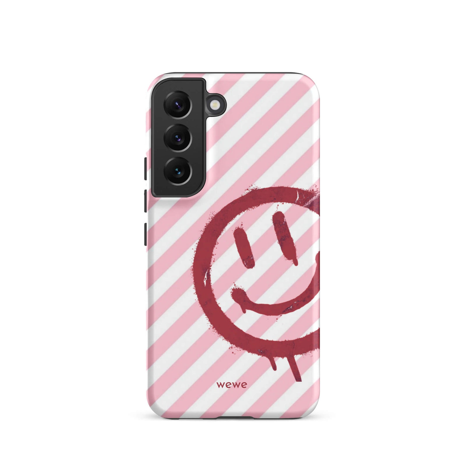 Custom samsung galaxy s22 Phone case with a pink and white diagonal stripe background and a red spray paint graffiti smiley face.