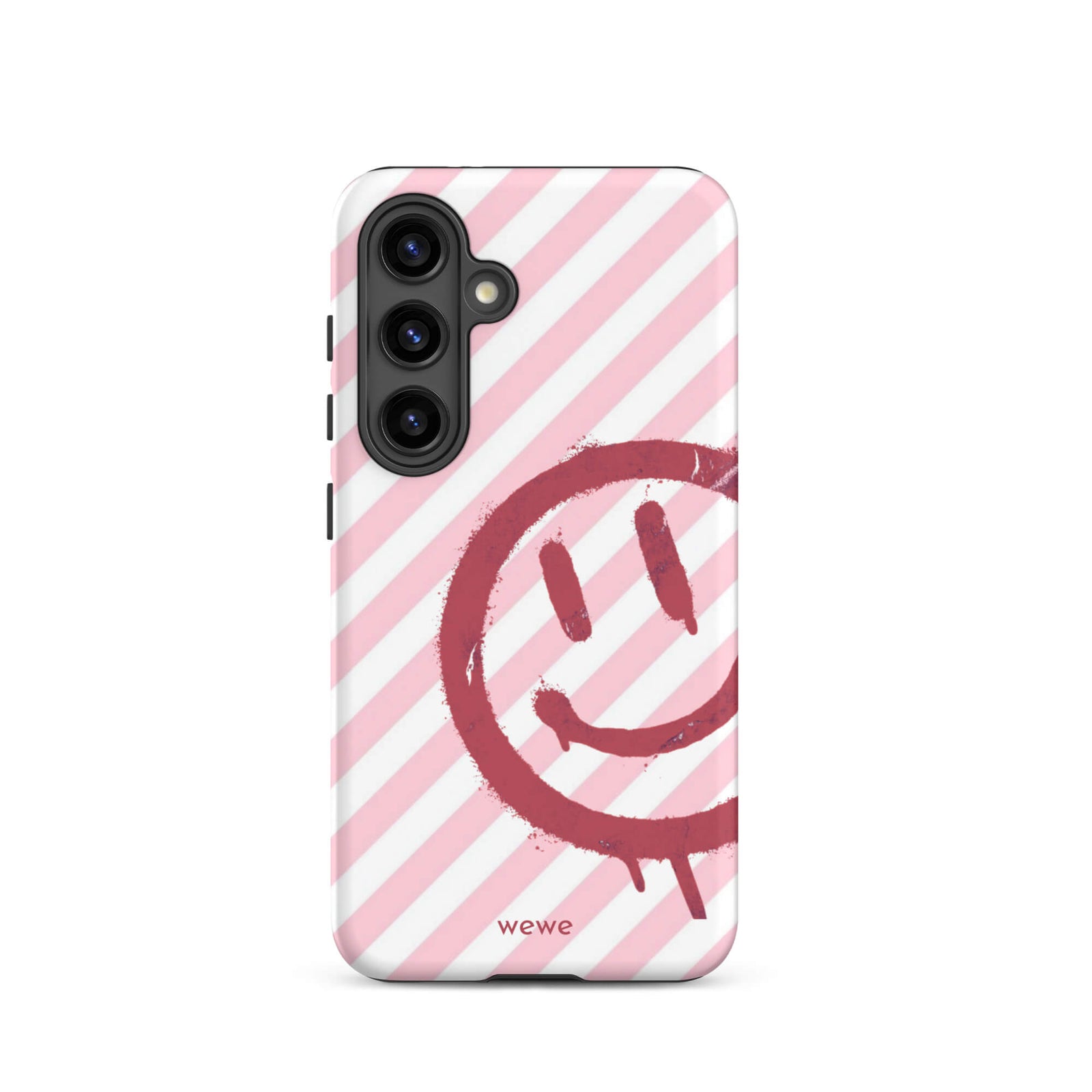 Custom samsung galaxy s24 Phone case with a pink and white diagonal stripe background and a red spray paint graffiti smiley face.