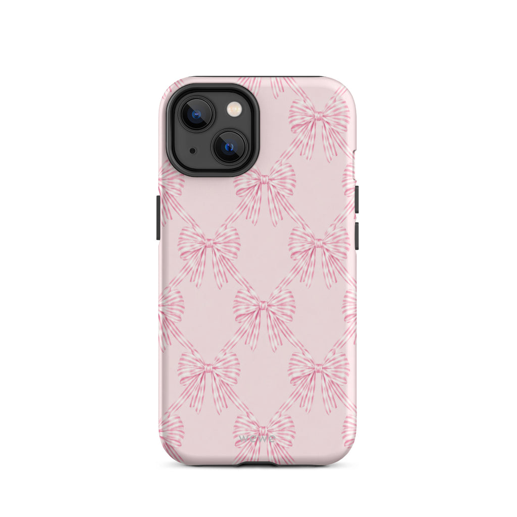Pink Striped Bow Phone Case featuring hand-drawn rose-pink ribbon bows on a soft blush background