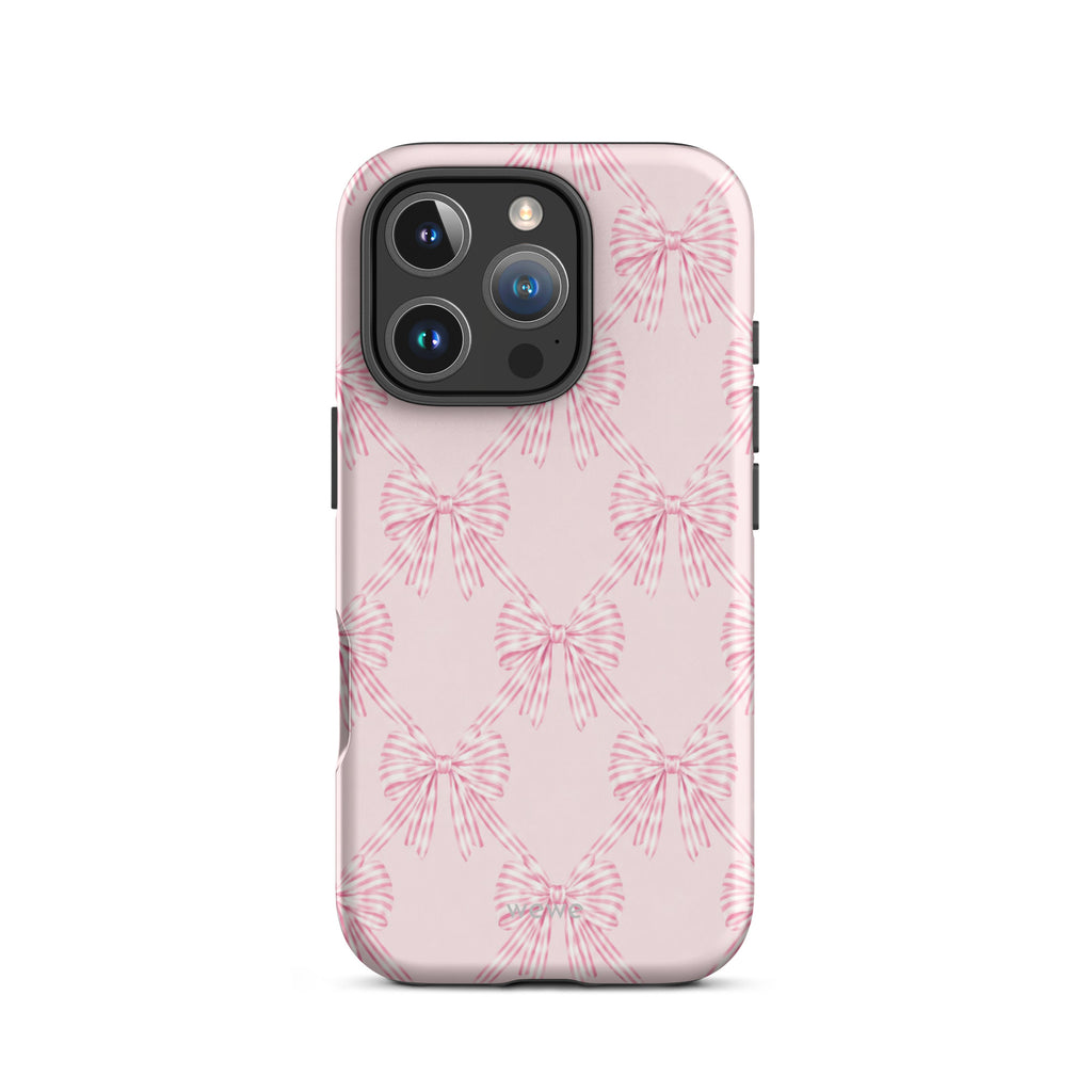 Pink Striped Bow Phone Case featuring hand-drawn rose-pink ribbon bows on a soft blush background