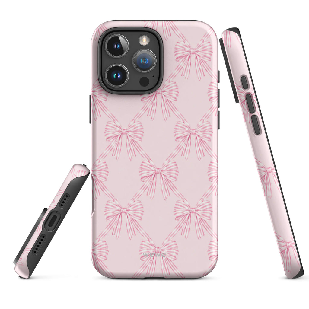 Pink Striped Bow Phone Case featuring hand-drawn rose-pink ribbon bows on a soft blush background