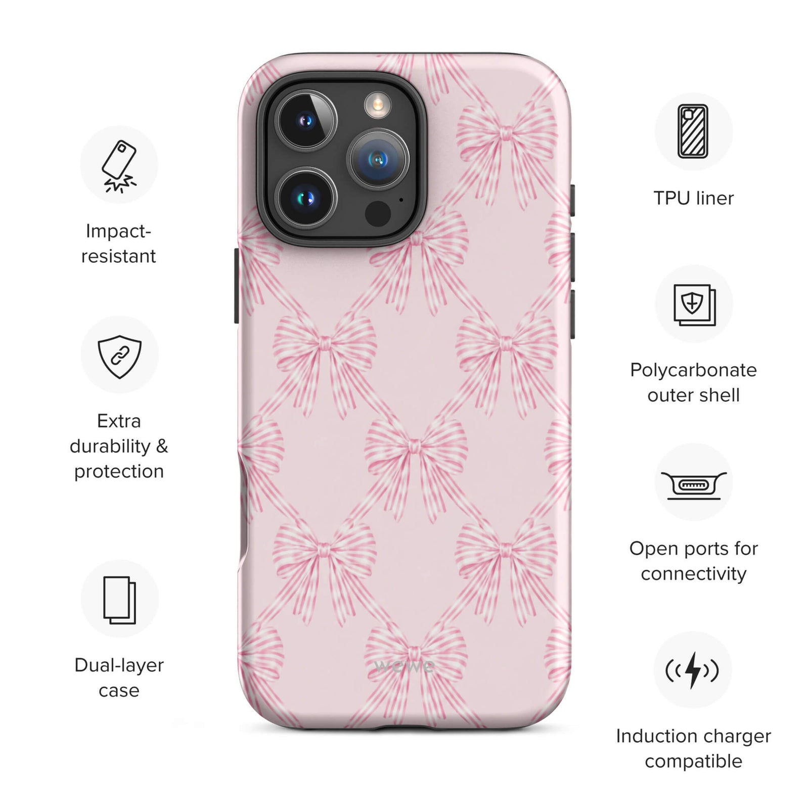 Pink Striped Bow Phone Case featuring hand-drawn rose-pink ribbon bows on a soft blush background