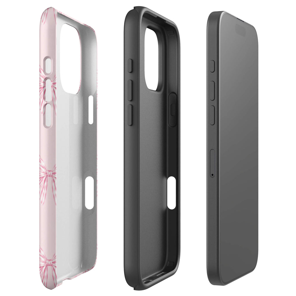 Pink Striped Bow Phone Case featuring hand-drawn rose-pink ribbon bows on a soft blush background