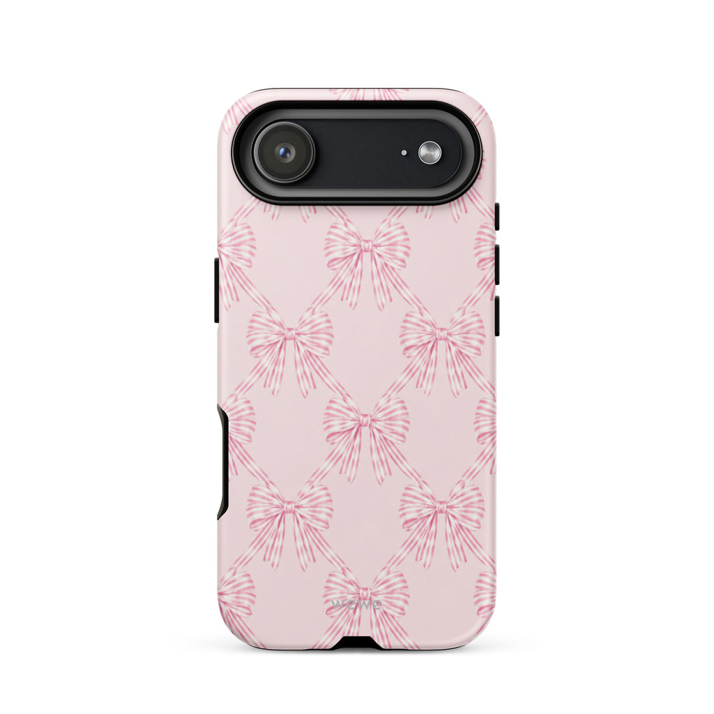 Pink Striped Bow Phone Case featuring hand-drawn rose-pink ribbon bows on a soft blush background