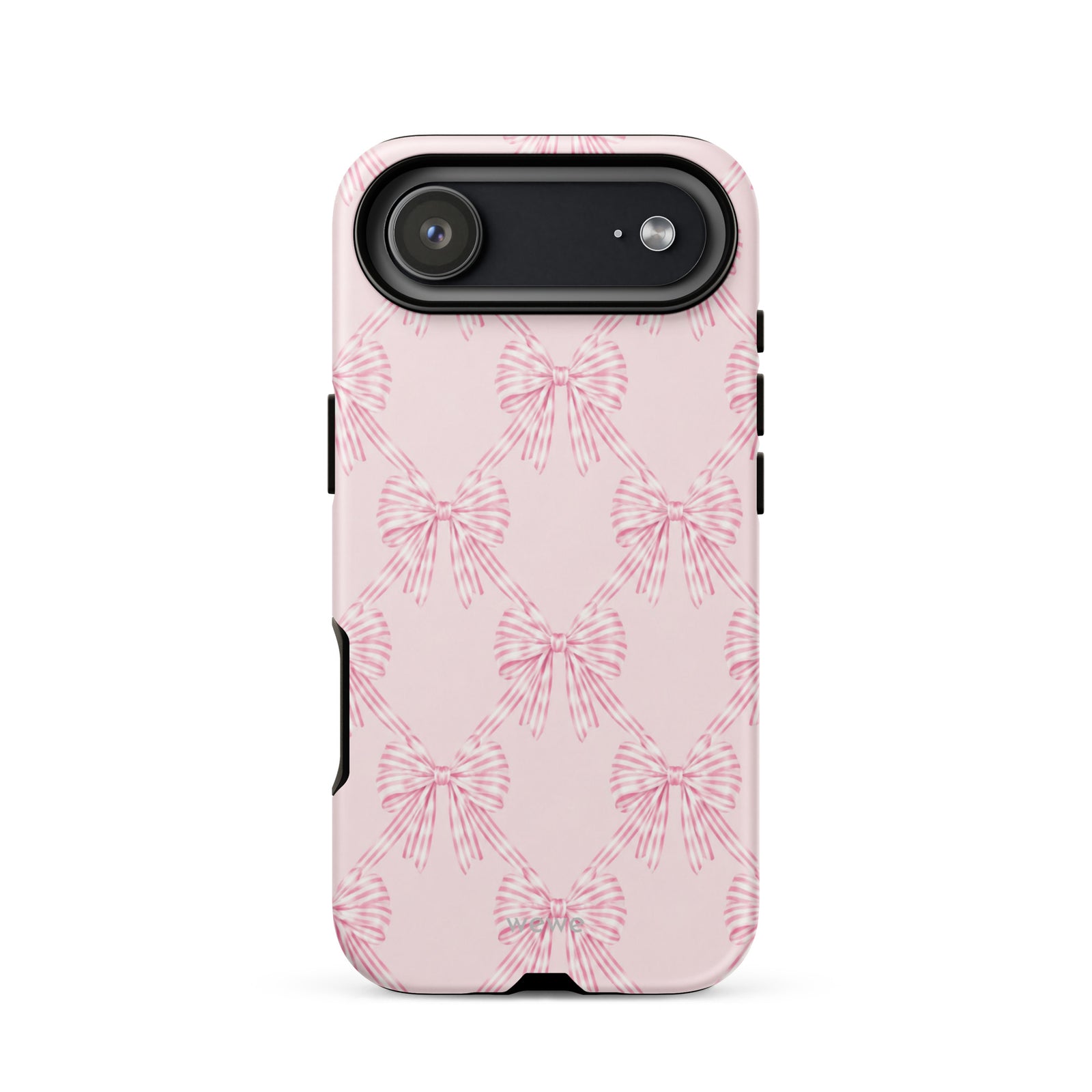 Pink Striped Bow Phone Case featuring hand-drawn rose-pink ribbon bows on a soft blush background