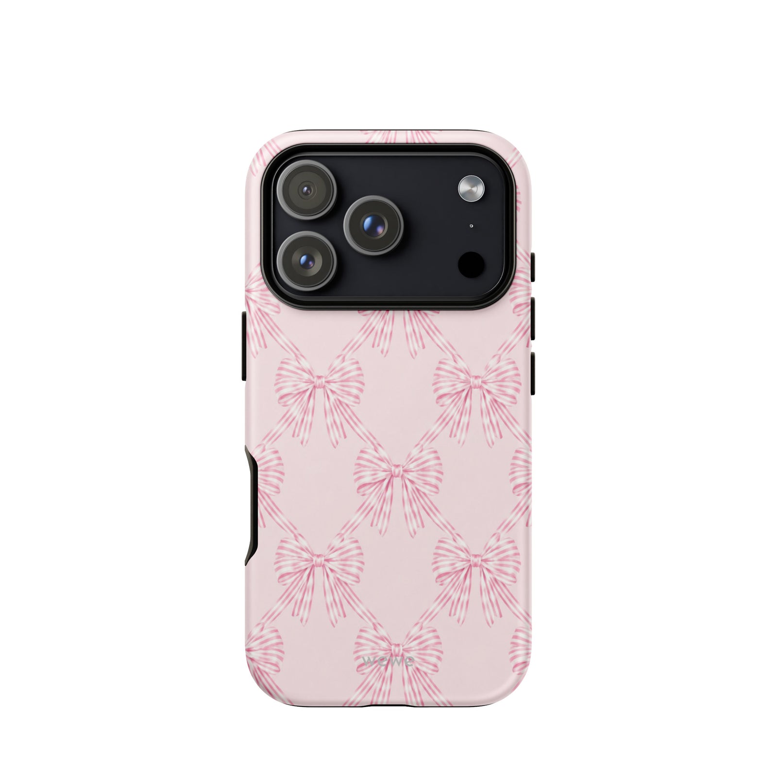 Pink Striped Bow Phone Case featuring hand-drawn rose-pink ribbon bows on a soft blush background