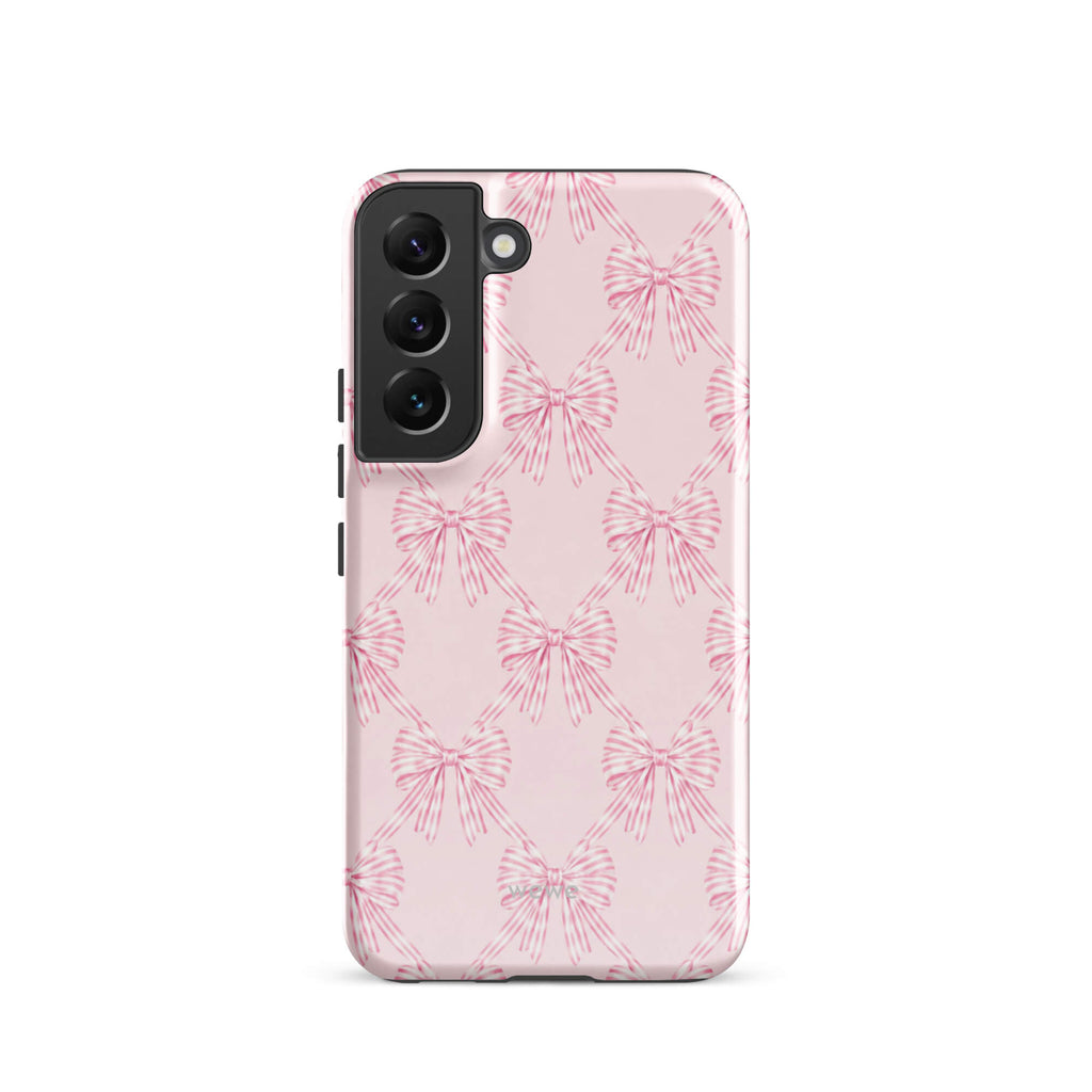 Pink Striped Bow Phone Case featuring hand-drawn rose-pink ribbon bows on a soft blush background