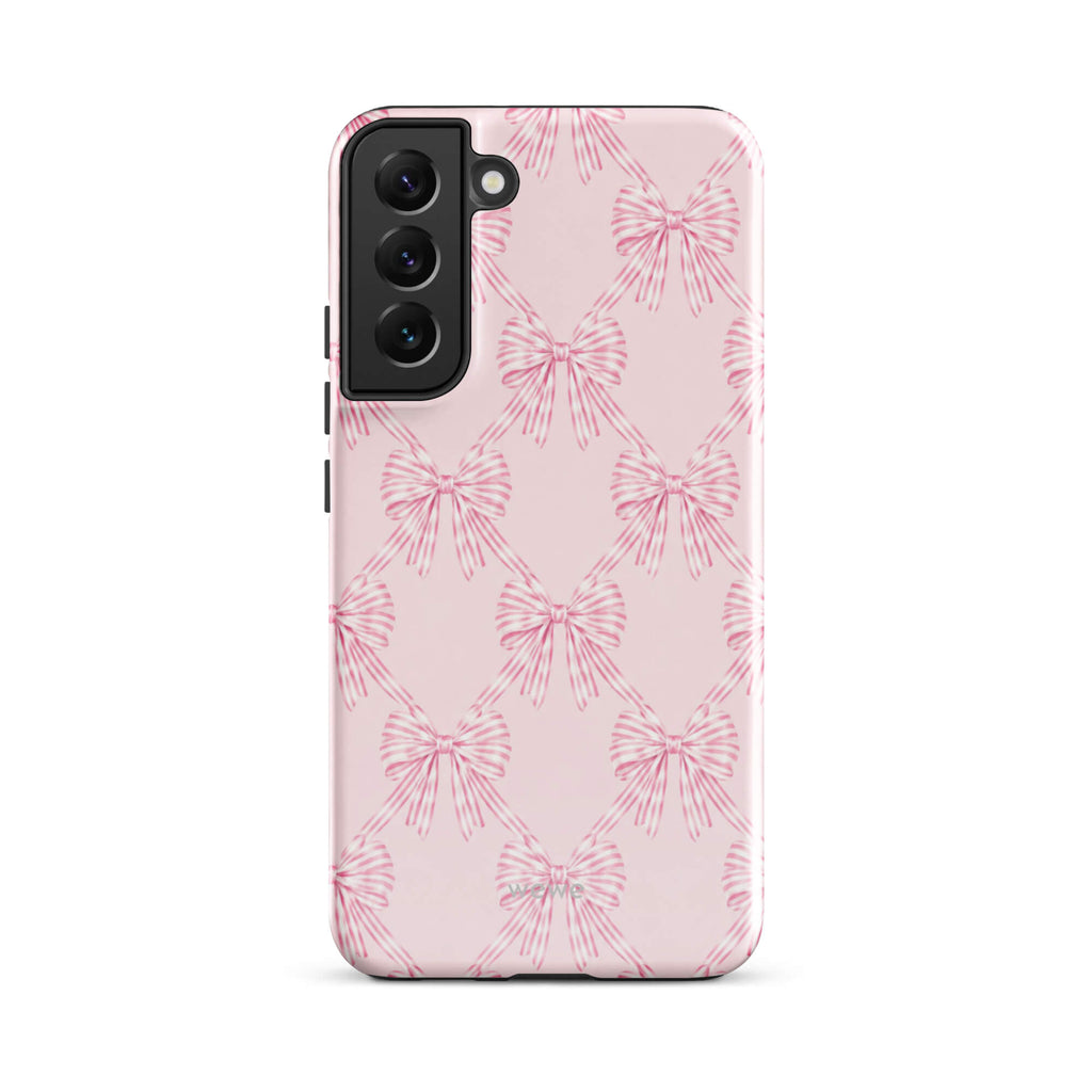 Pink Striped Bow Phone Case featuring hand-drawn rose-pink ribbon bows on a soft blush background