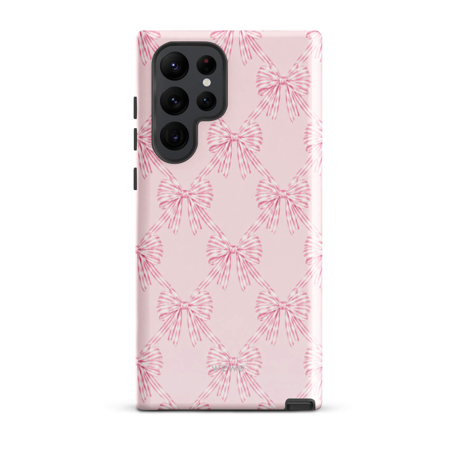 Pink Striped Bow Phone Case featuring hand-drawn rose-pink ribbon bows on a soft blush background
