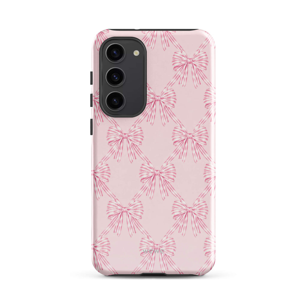 Pink Striped Bow Phone Case featuring hand-drawn rose-pink ribbon bows on a soft blush background