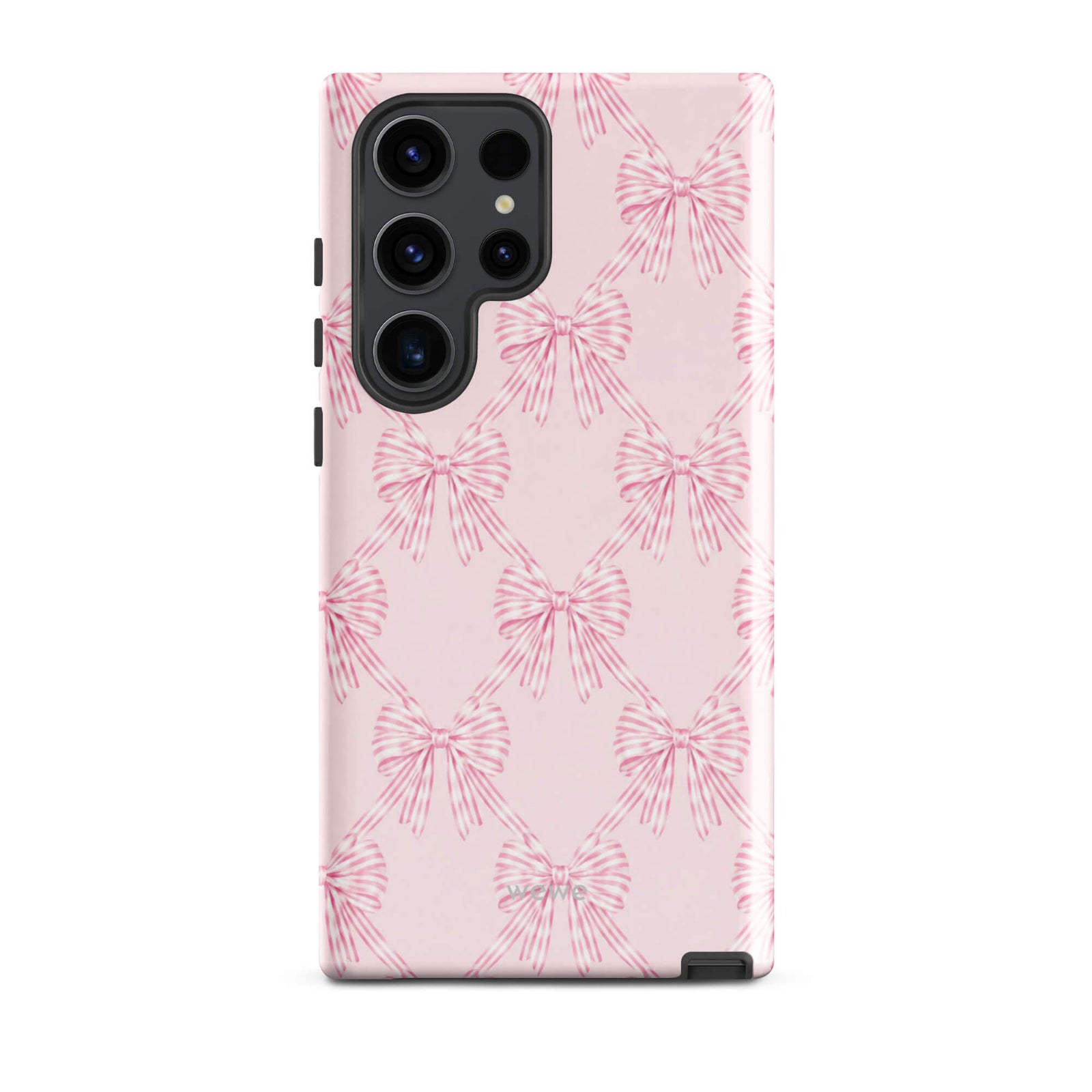 Pink Striped Bow Phone Case featuring hand-drawn rose-pink ribbon bows on a soft blush background