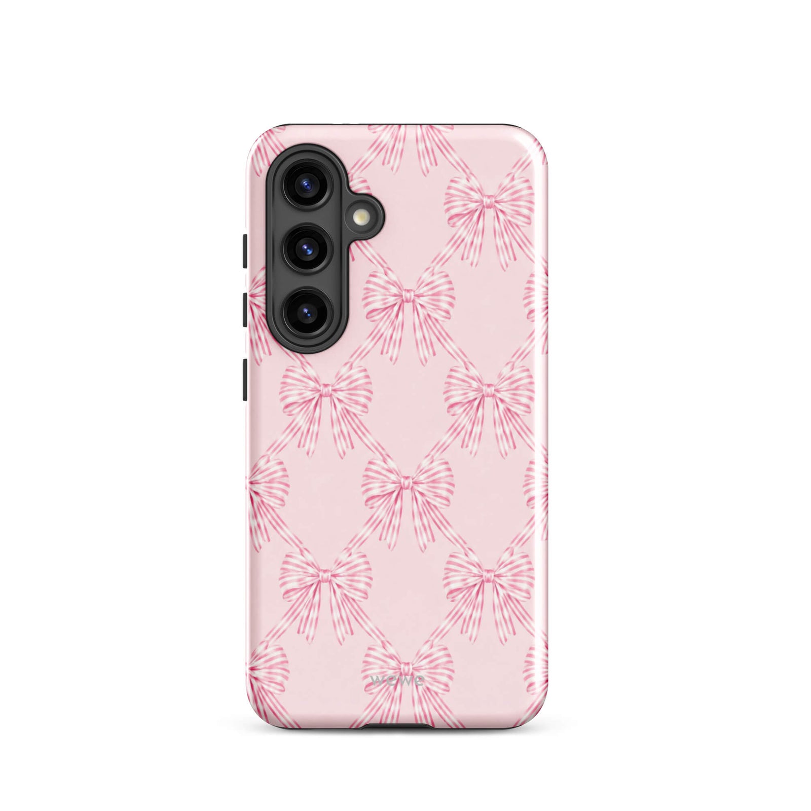 Pink Striped Bow Phone Case featuring hand-drawn rose-pink ribbon bows on a soft blush background