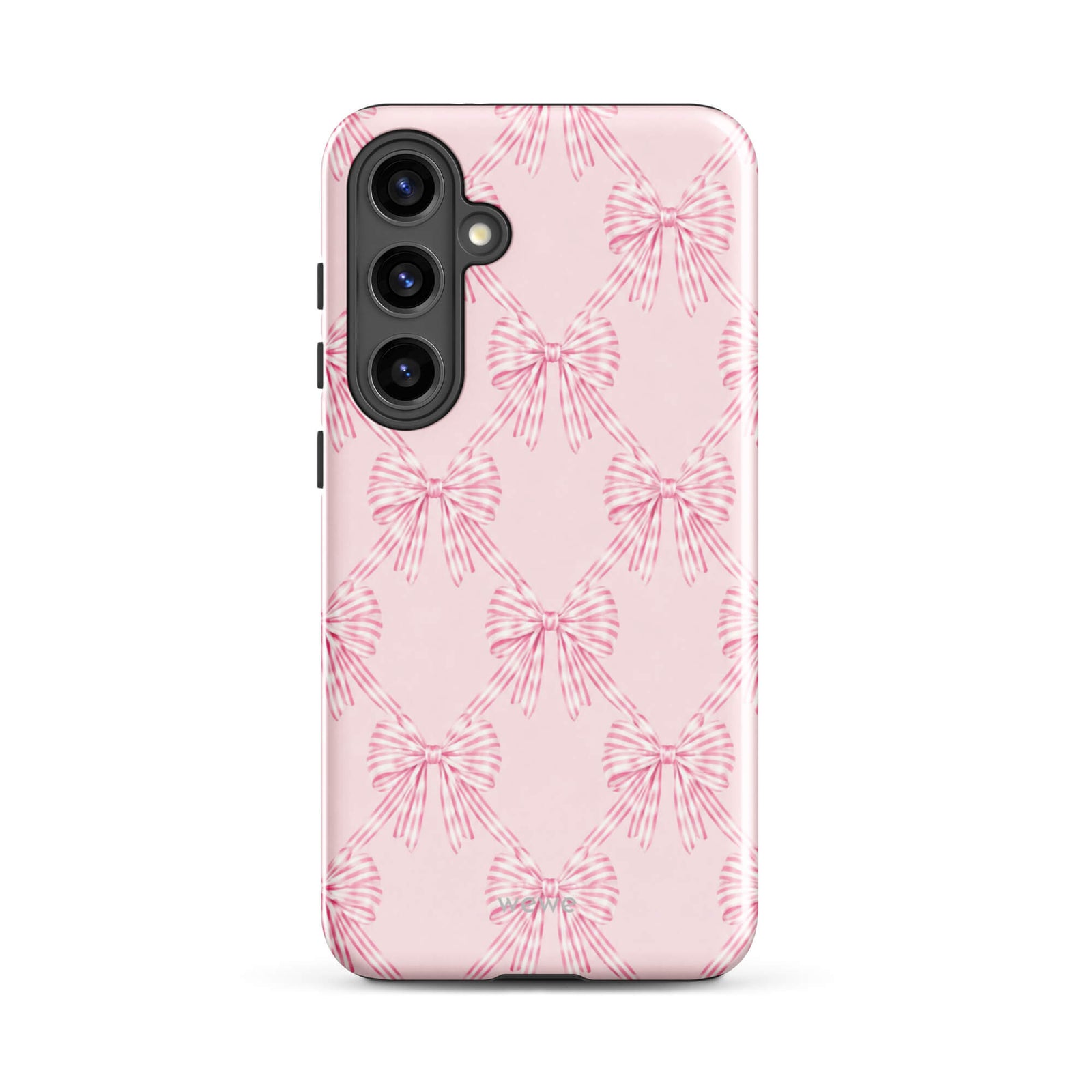 Pink Striped Bow Phone Case featuring hand-drawn rose-pink ribbon bows on a soft blush background