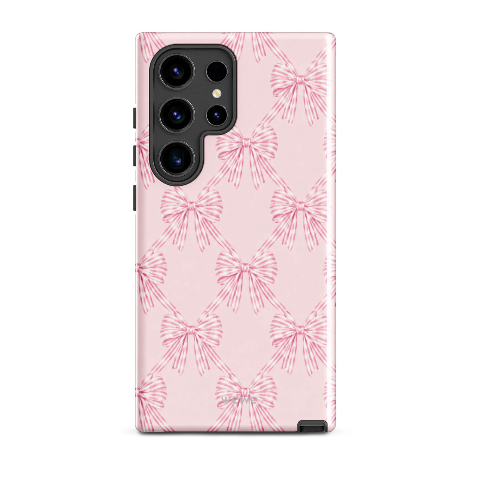 Pink Striped Bow Phone Case featuring hand-drawn rose-pink ribbon bows on a soft blush background