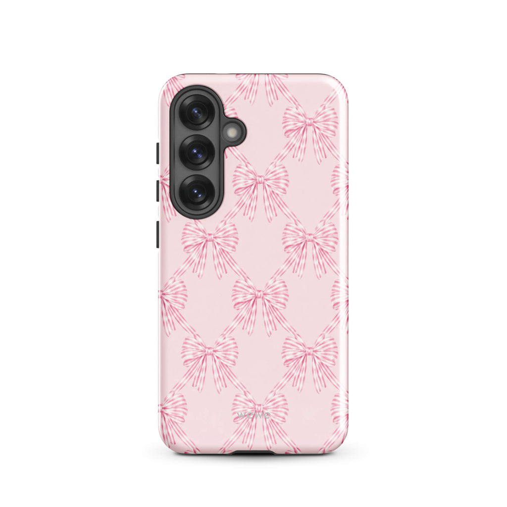 Pink Striped Bow Phone Case featuring hand-drawn rose-pink ribbon bows on a soft blush background
