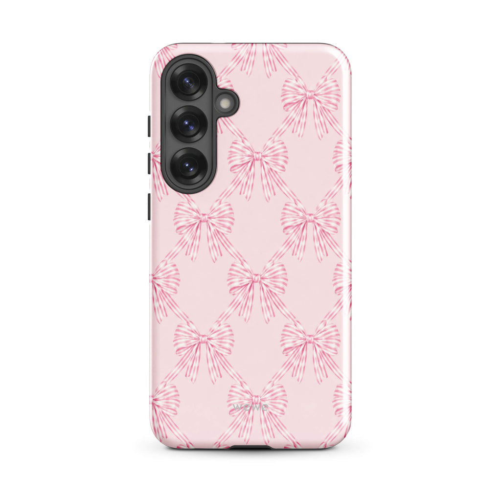 Pink Striped Bow Phone Case featuring hand-drawn rose-pink ribbon bows on a soft blush background