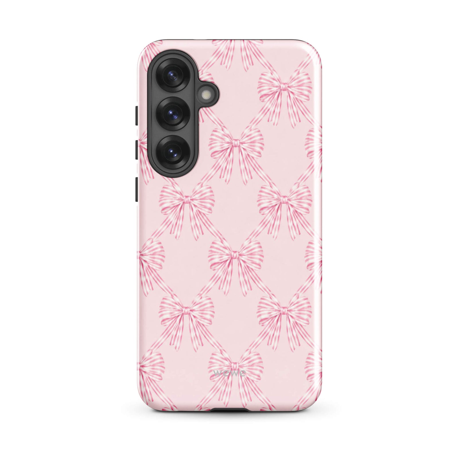 Pink Striped Bow Phone Case featuring hand-drawn rose-pink ribbon bows on a soft blush background