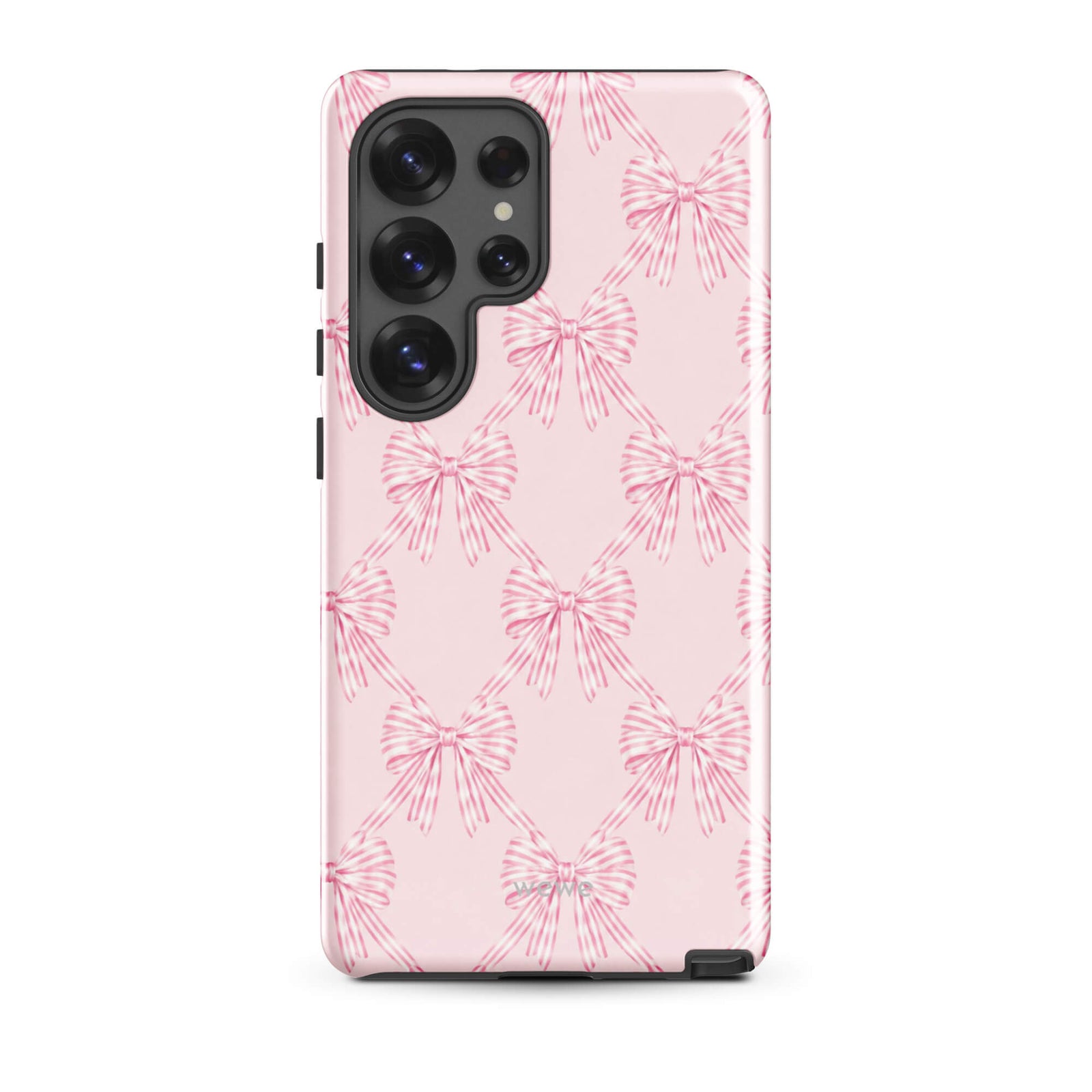 Pink Striped Bow Phone Case featuring hand-drawn rose-pink ribbon bows on a soft blush background