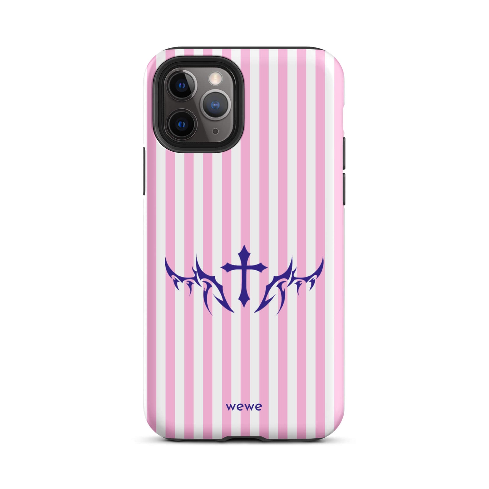 Custom iPhone case 11 pro with vertical pink and white stripes, blue tribal cross design.