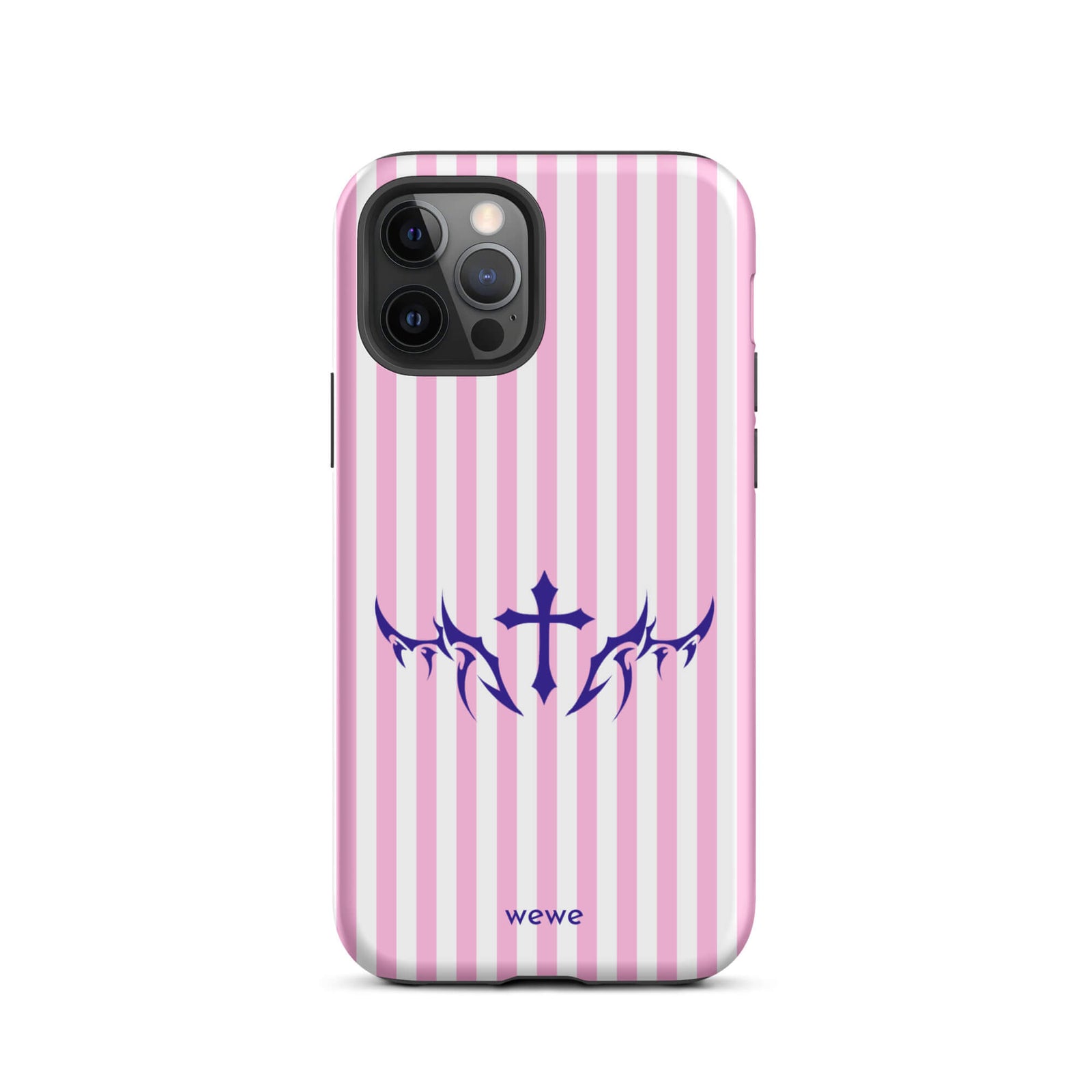 Custom iPhone case 12 pro with vertical pink and white stripes, blue tribal cross design.