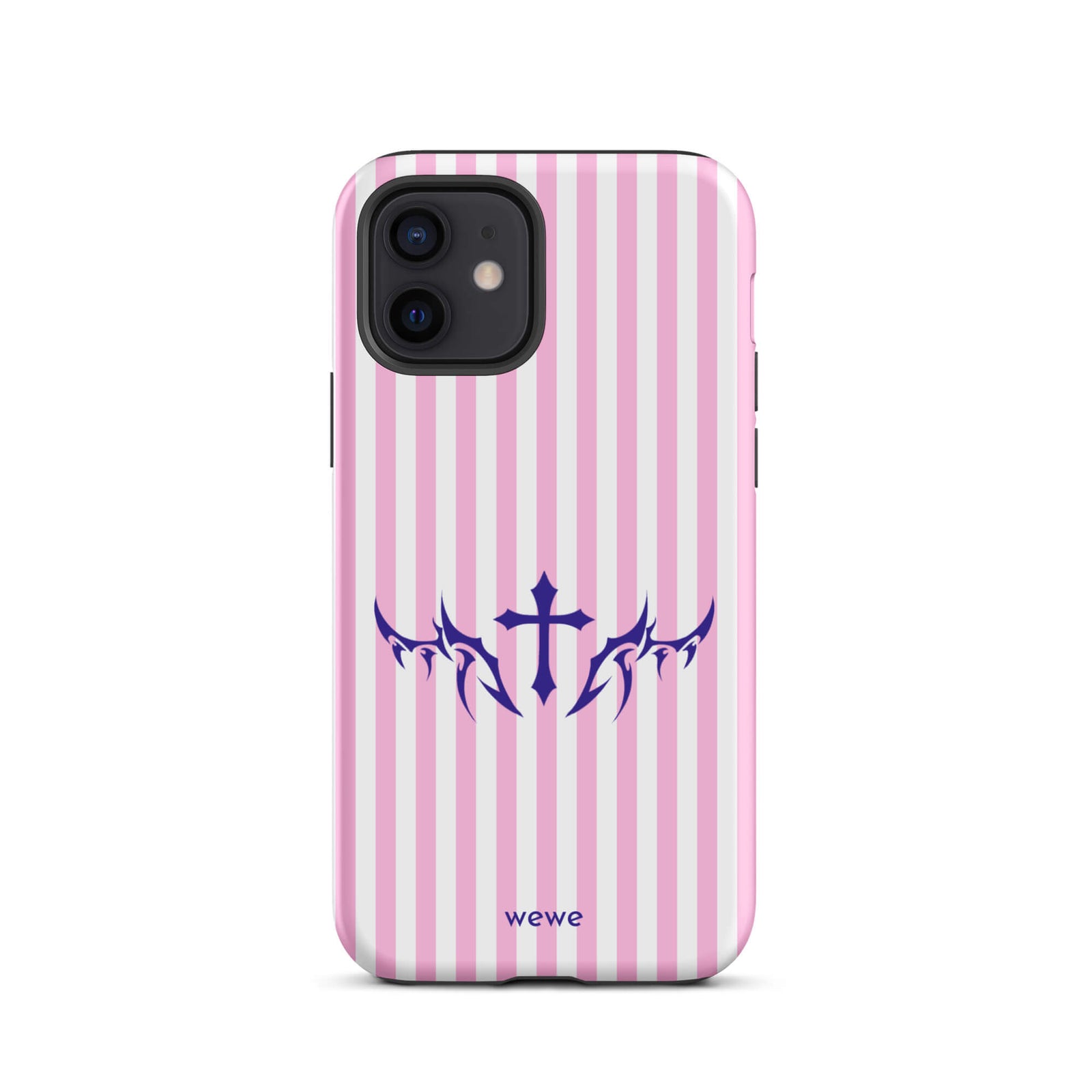 Custom iPhone case 12 with vertical pink and white stripes, blue tribal cross design.