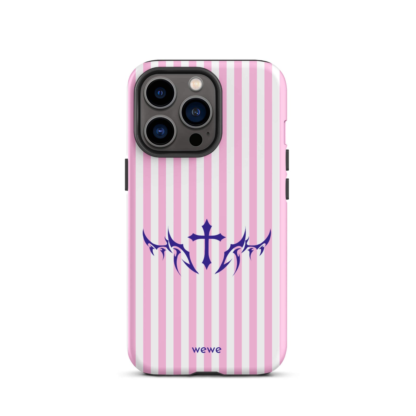 Custom iPhone case 13 pro with vertical pink and white stripes, blue tribal cross design.
