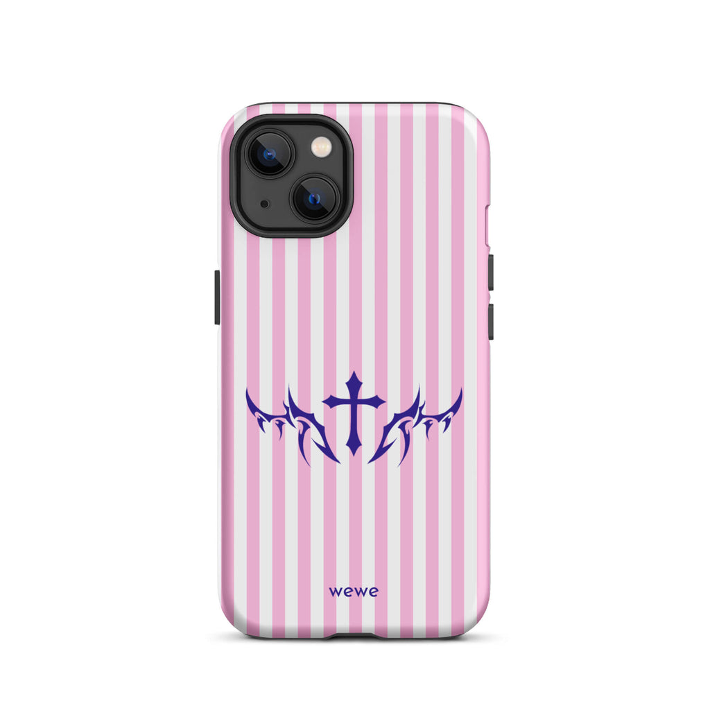 Custom iPhone case 13 with vertical pink and white stripes, blue tribal cross design.