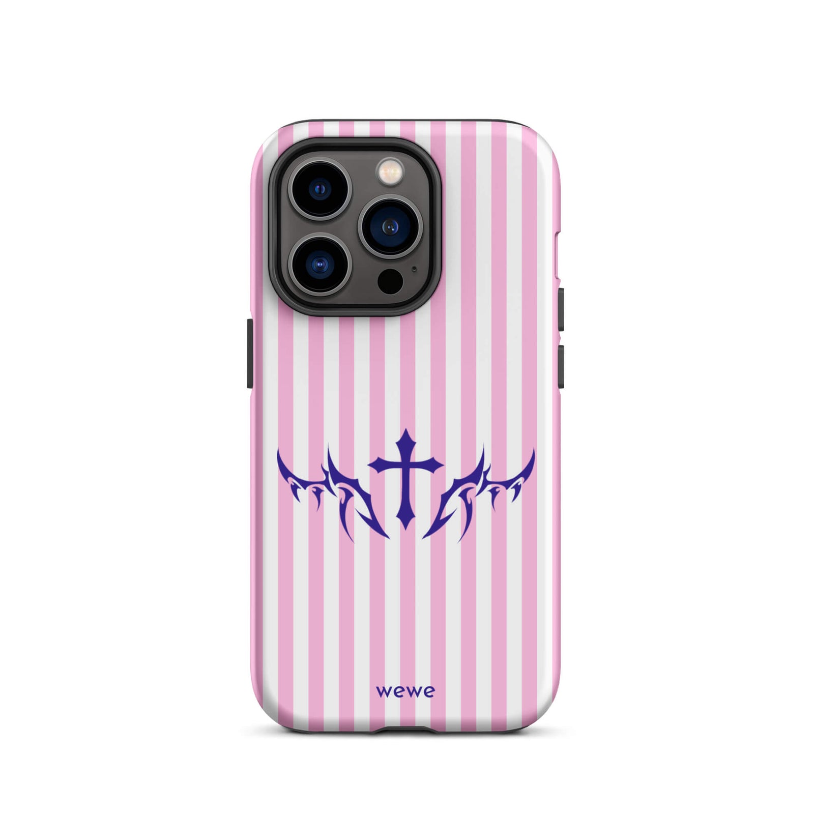 Custom iPhone case 14 pro  with vertical pink and white stripes, blue tribal cross design.