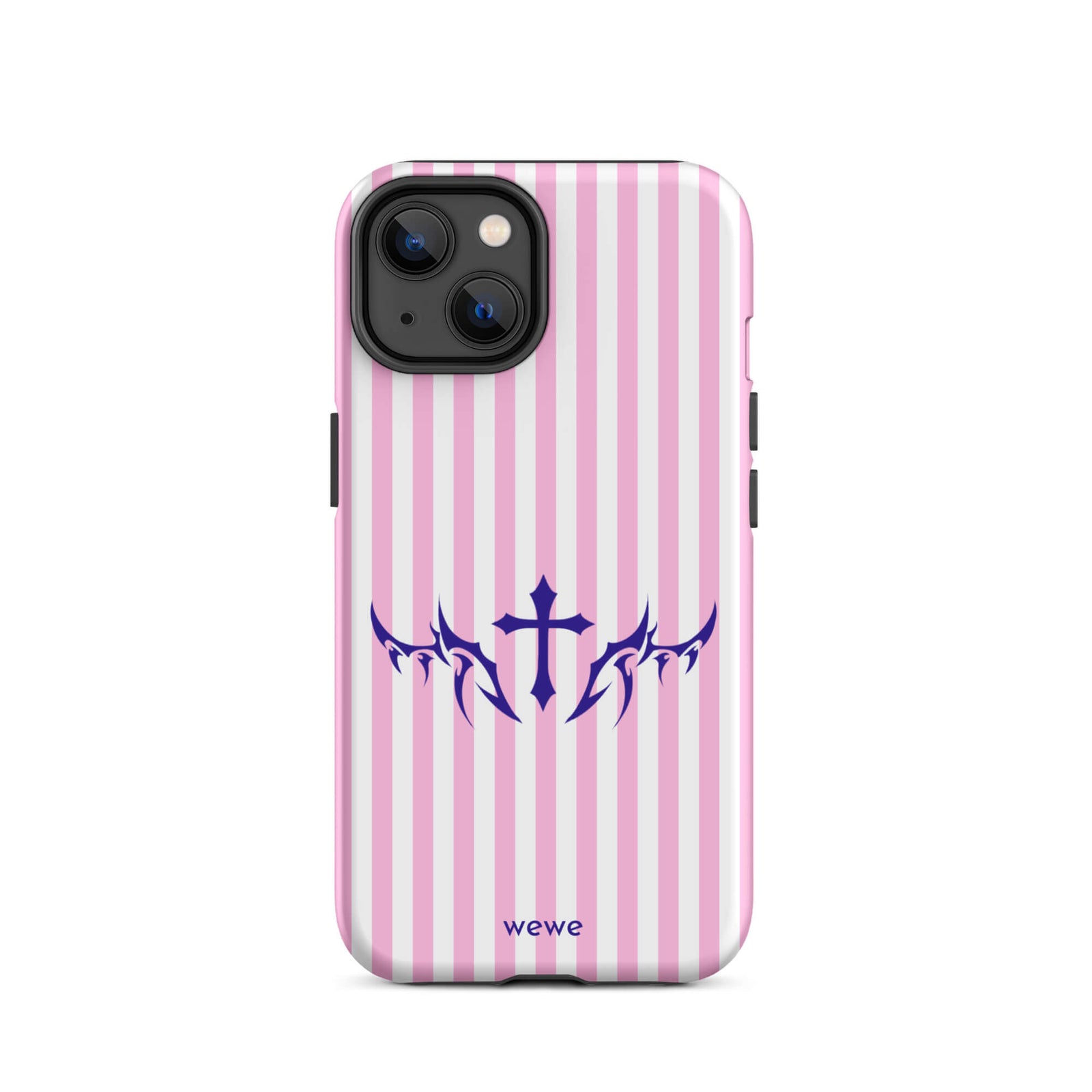 Custom iPhone case 14 with vertical pink and white stripes, blue tribal cross design.
