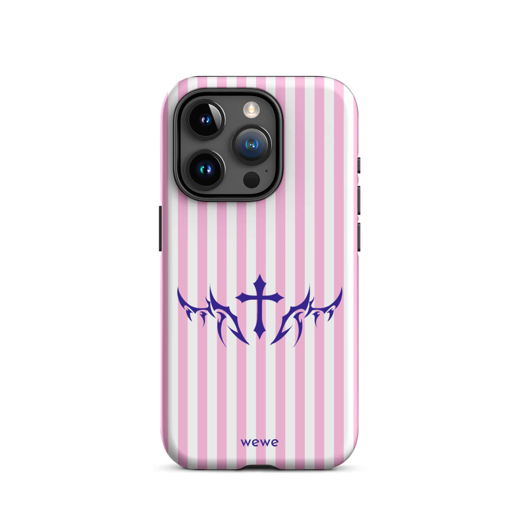 Custom iPhone case 15 pro with vertical pink and white stripes, blue tribal cross design.