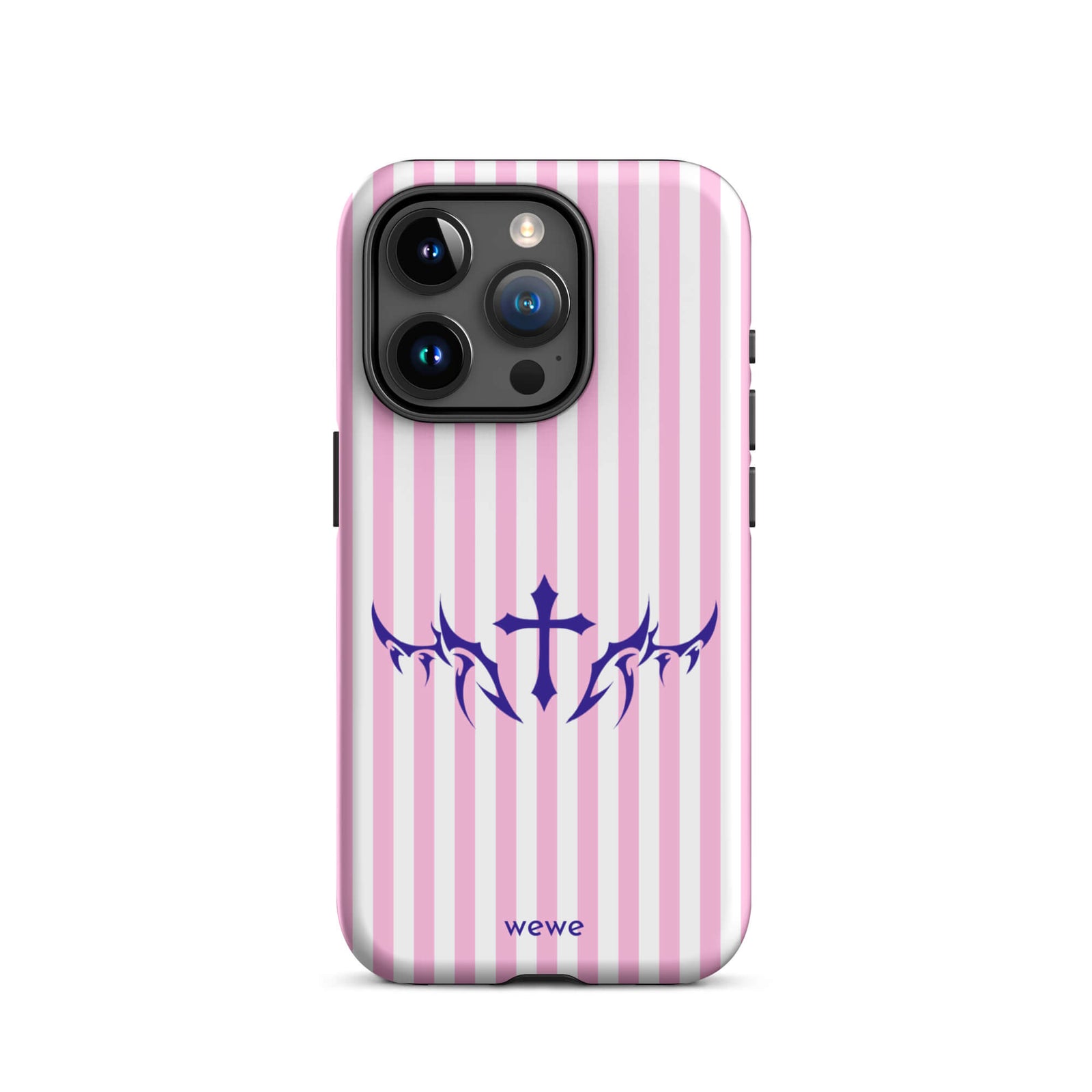 Custom iPhone case 15 pro with vertical pink and white stripes, blue tribal cross design.